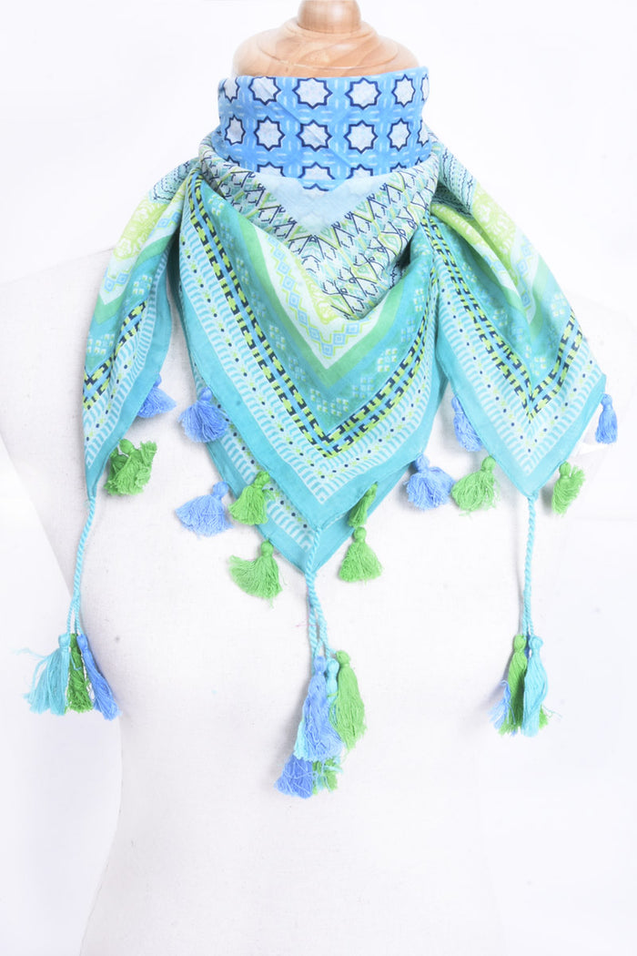 SMALL COTTON SCARF WITH MOSAIC PATTERN - BLEU CLAIR