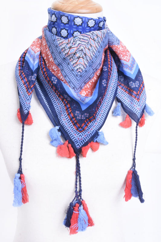 SMALL COTTON SCARF MOSAIC PATTERN - BLEU FONCE