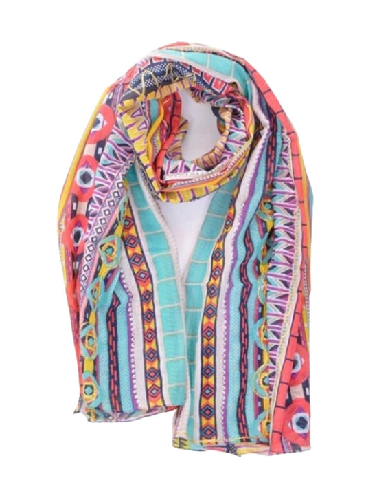 Palme Cotton Geometric Embroidery Scarf - Aqua