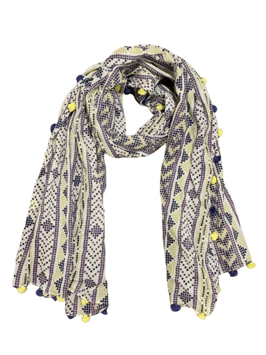 Pom Pom Cotton Scarf - Indigo Print