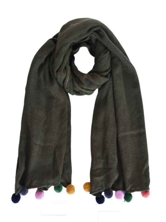 Multicolour Pom Pom Soft Scarf - Dark Green