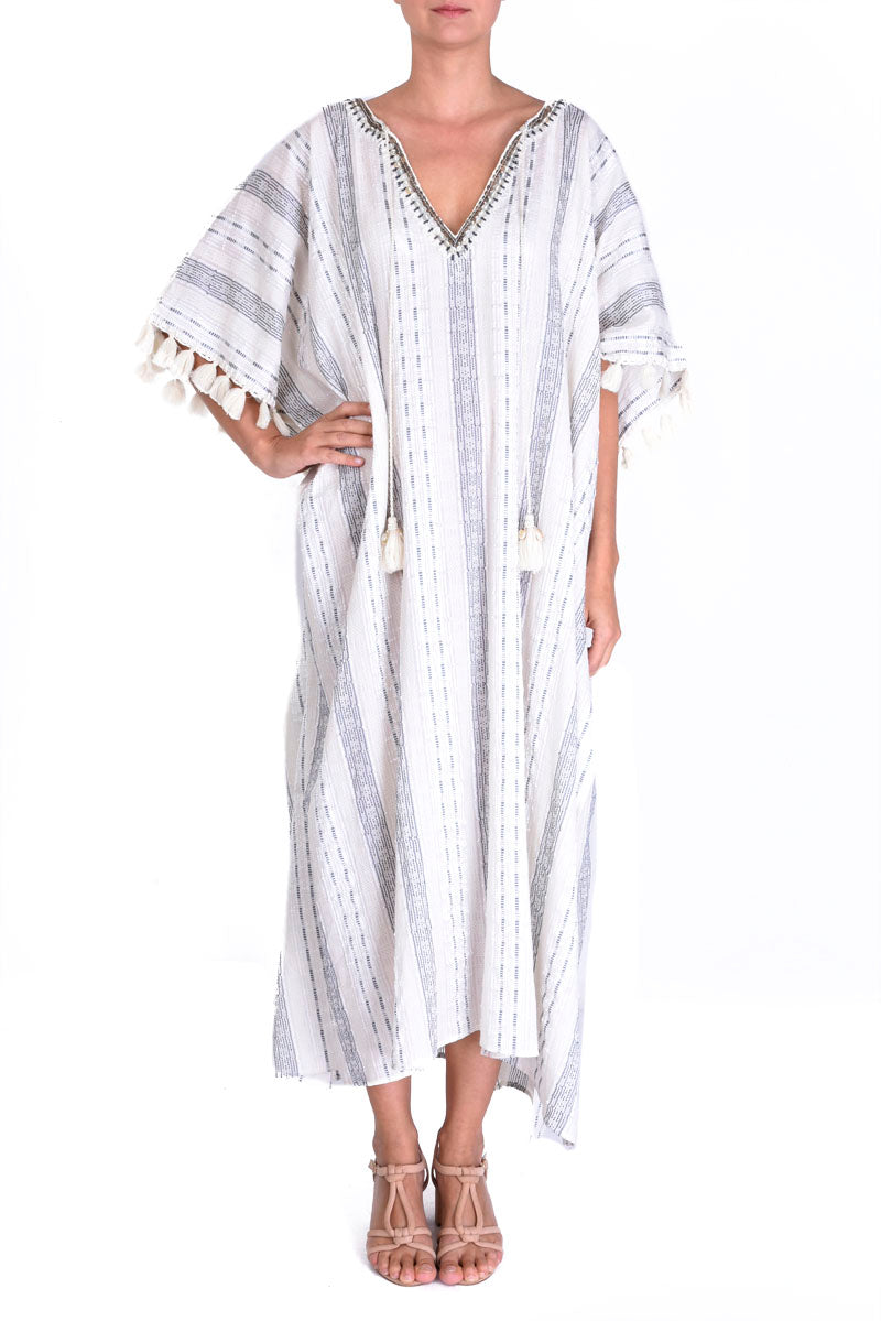 Long Cotton, Jacquard Kaftan with Embroidery - Ecru 2