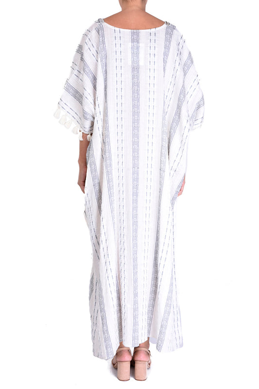 Long Cotton, Jacquard Kaftan with Embroidery - Ecru 2