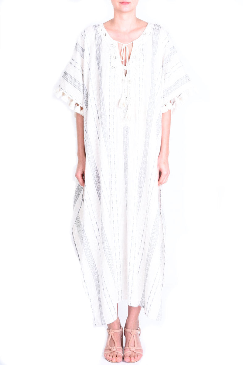 Long Cotton, Jacquard Kaftan with Embroidery - Ecru 3