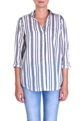 Mattress Striped Cotton Shirt With Collar - Bleu Fonce