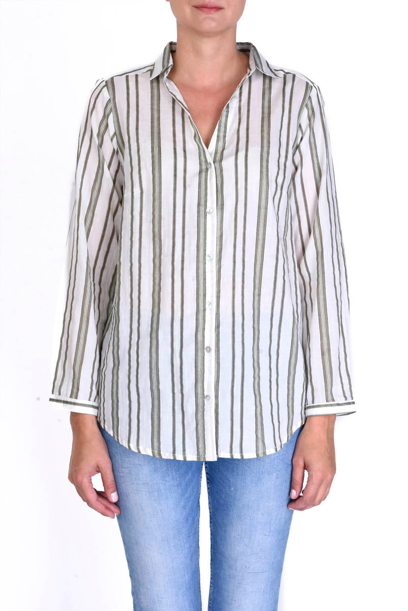Mattress Striped Cotton Shirt With Collar - Vert Fonce