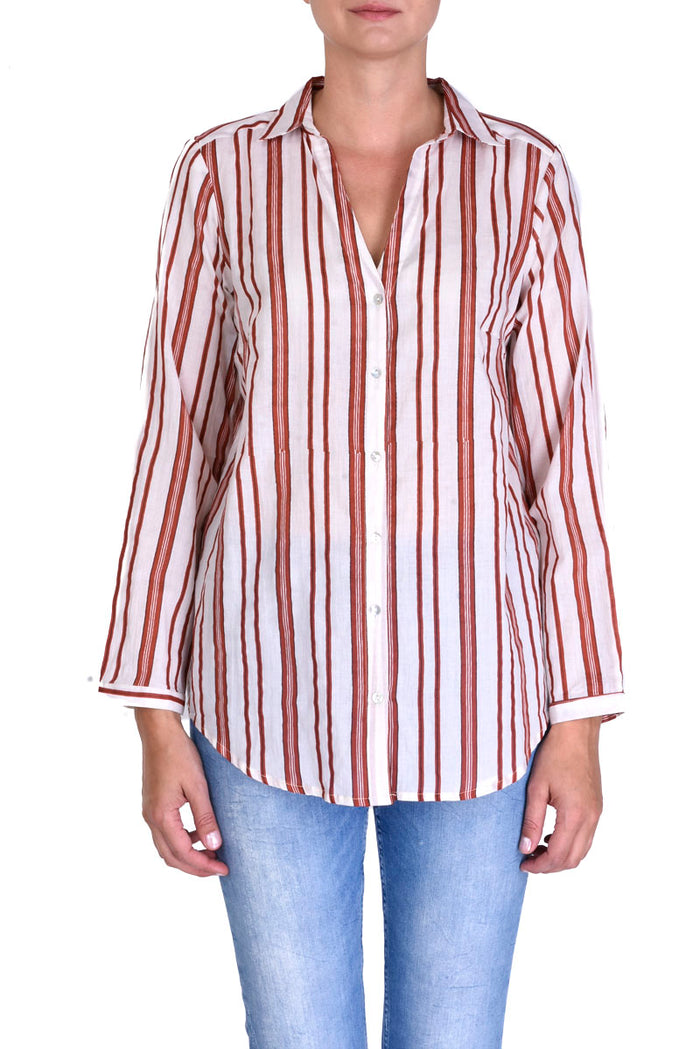 Mattress Striped Cotton Shirt With Collar - Orange Fonce