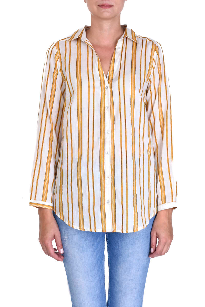 Mattress Striped Cotton Shirt With Collar - Jaune Fonce