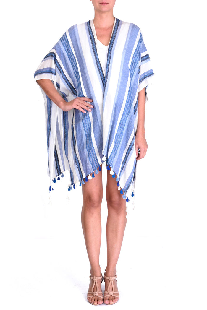 Organic Cotton Kimono with Jacquard Stripes - Bleu Fonce