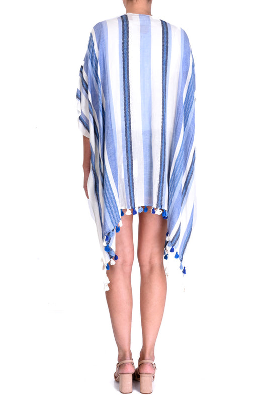 Organic Cotton Kimono with Jacquard Stripes - Bleu Fonce