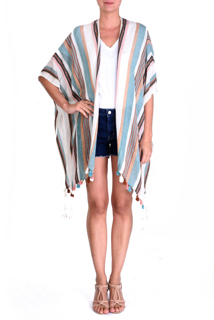 Organic Cotton Kimono With Jacquard Stripes - Marron Clair
