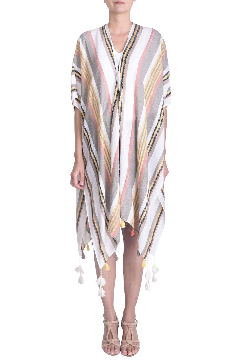 Organic Cotton Kimono With Jacquard Stripes - Marron Fonce
