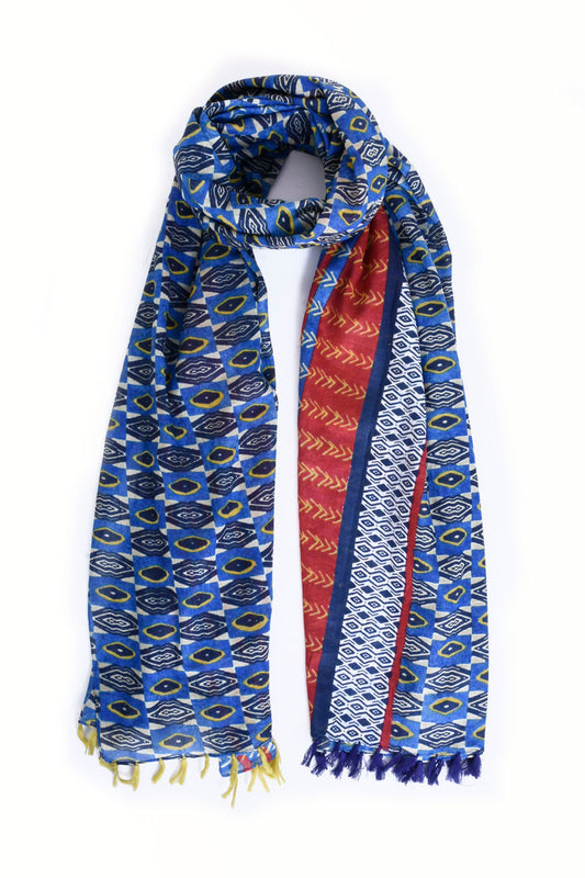 COTTON SCARF WITH GEOMETRIC STRIPES - BLEU FONCE