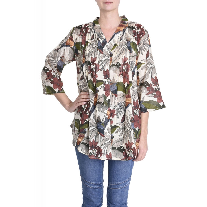 Cotton, Pleated printed shirt - Ecru