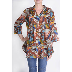 Cotton Printed , Pleated Tunic - Marron Fonce