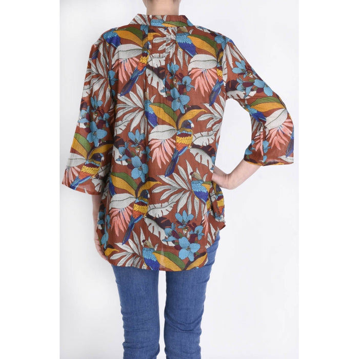 Cotton Printed , Pleated Tunic - Marron Fonce