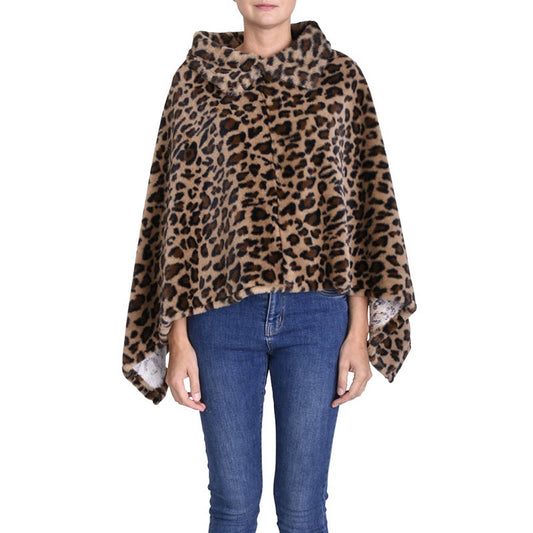 Faux Leopard Fur Collar Poncho Marron Fonce