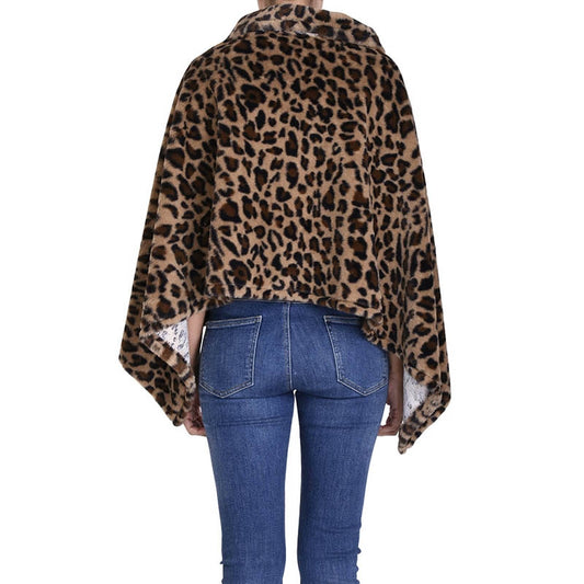 Faux Leopard Fur Collar Poncho Marron Fonce