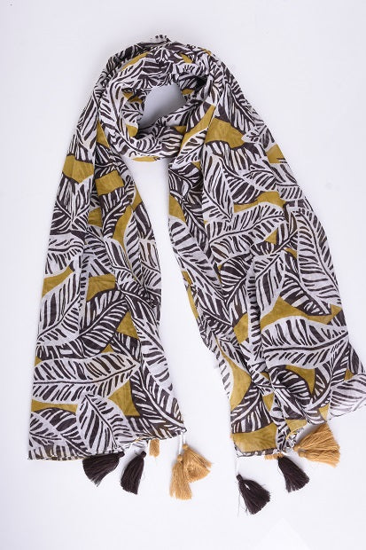 LARGE COLORED LEAVES PRINT COTTON SCARF - MARRON CLAIR