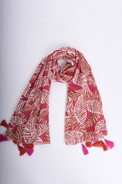 LARGE COLORED LEAVES PRINT COTTON SCARF - ORANGE CLAIR
