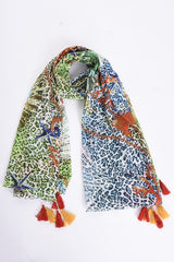 ANIMAL AND CORAL PRINTED COTTON SCARF - ROUGE FONCE