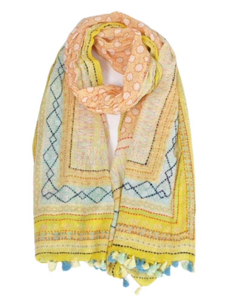 Palme Large Cotton Embroidered Scarf - Yellow