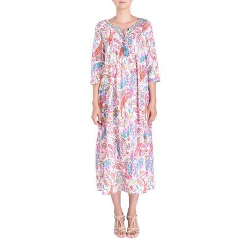 Tassel Tie Long Cotton Dress With 3/4 Sleeves - Ecru