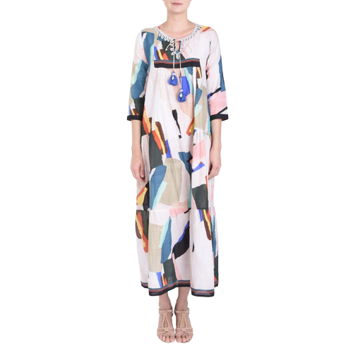 Tassel Tie Long Cotton Dress With 3/4 Sleeves Ecru 3