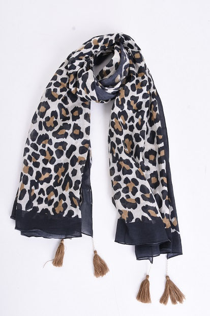 ORGANIC COTTON LEOPARD PRINT SCARF WITH TASSELS - NOIR