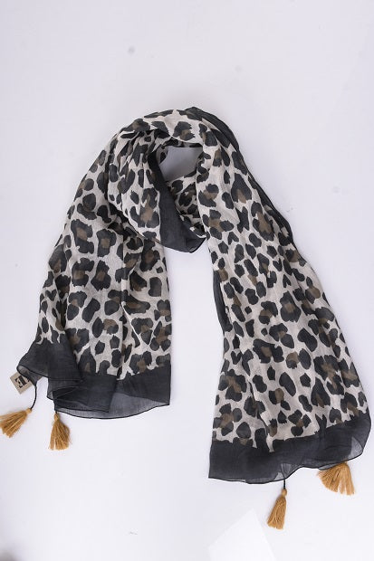 ORGANIC COTTON LEOPARD PRINT SCARF WITH TASSELS - GRIS CLAIR