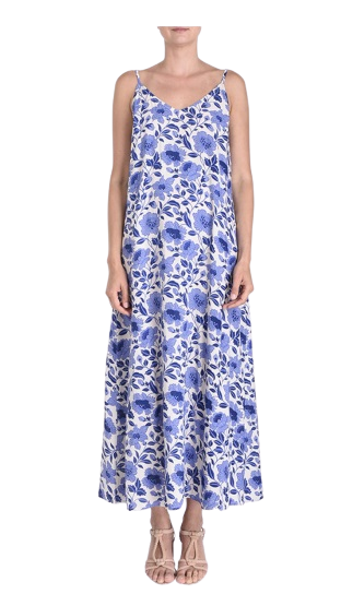 Printed Viscose Long Strapped Dress - BLEU CLAIR