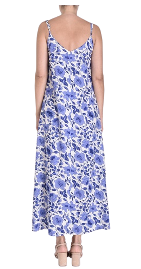 Printed Viscose Long Strapped Dress - BLEU CLAIR