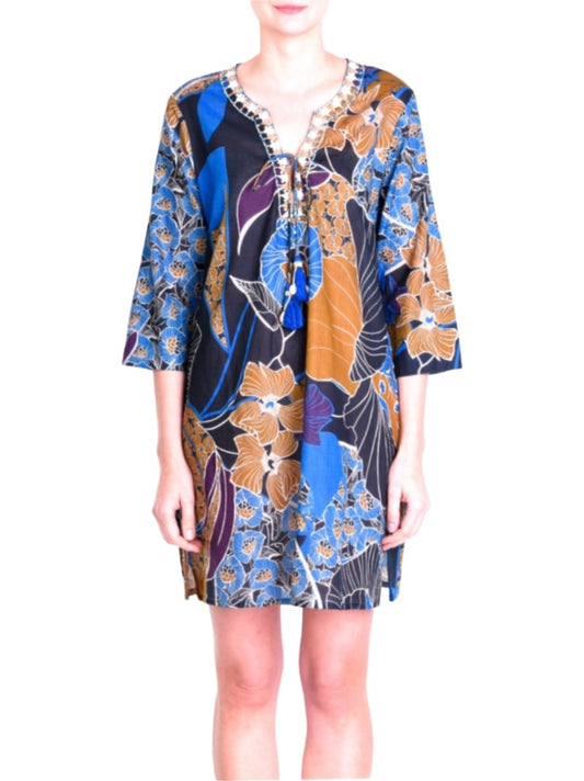 Palme Embroidered Printed Cotton Tunic L/XL - Blue
