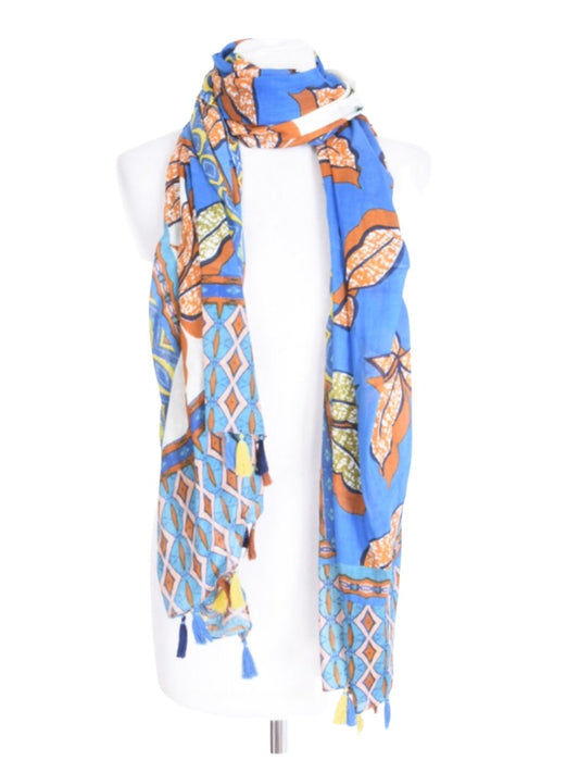 Palme Two-Toned Leaf Print Cotton Scarf - Blue