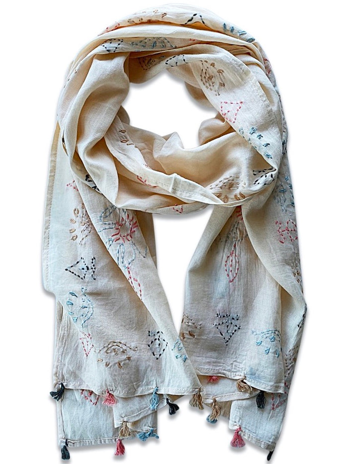 Embroidered Scarf With Tassels - Multi