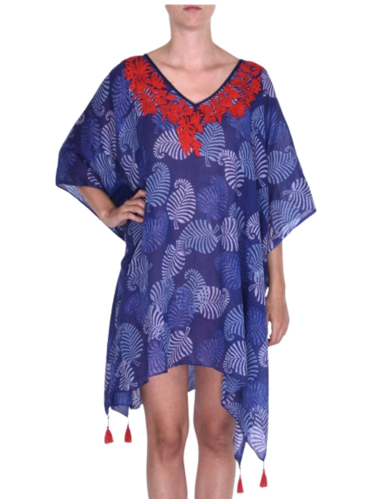 Palme Cotton Embroidered Kaftan - Blue/Red