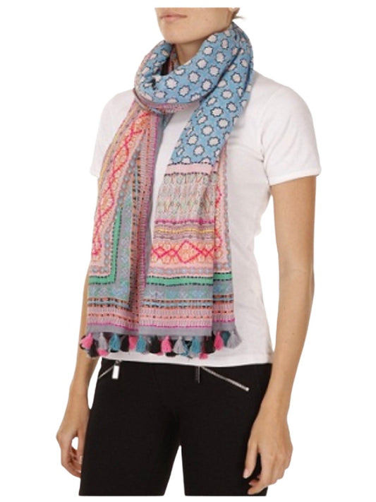 Palme Large Cotton Embroidered Scarf - Pink/Blue
