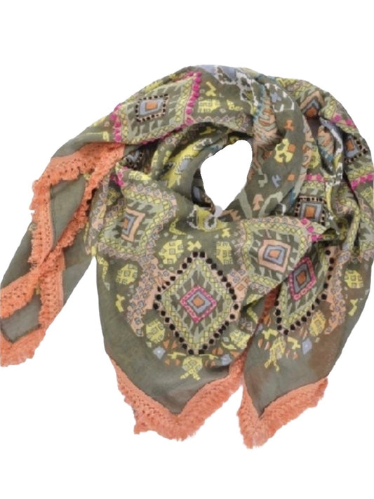 Palme Cotton Square Embroidered Fringe Scarf - Olive