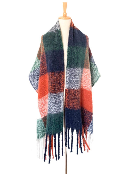 Blanket Style Super Soft Scarf - Green/Oj/Navy