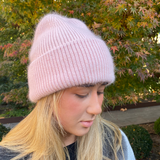 Angora Mix Rib Knit Beanie - Pale Pink - CinnamonCreations