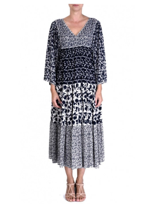 Palme V-Neck Viscose Printed Long Dress - Black