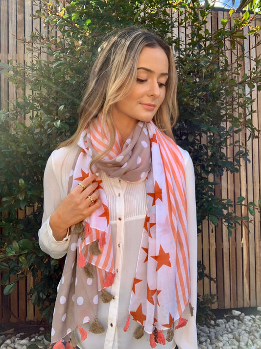 Viscose Star/Stripe Scarf With Tassels - Orange/Beige