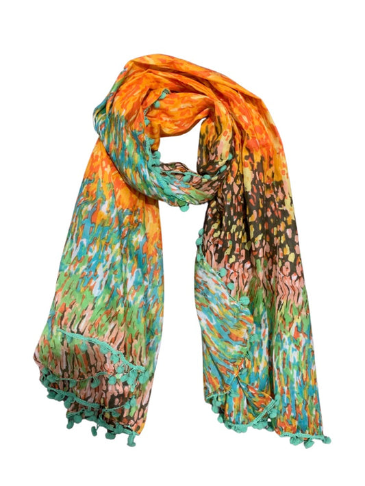 Pom Pom Splash Cotton Scarf - Aqua