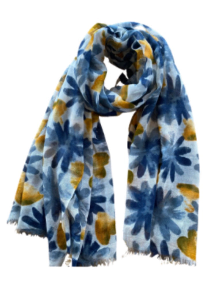 Patterned Scarf - Blue/Mustard Flowers