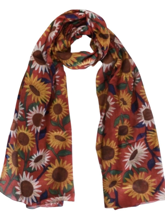 Palme Cotton Scarf Sunflower Print - Dark Red