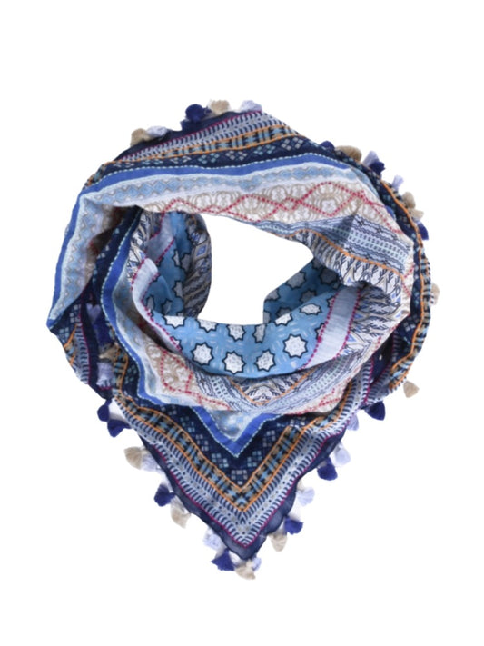 Palme Cotton Square Embroidered Pom Pom Scarf - Blue