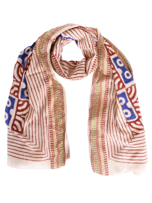 Palme Block Print Cotton Scarf - Blue/Red