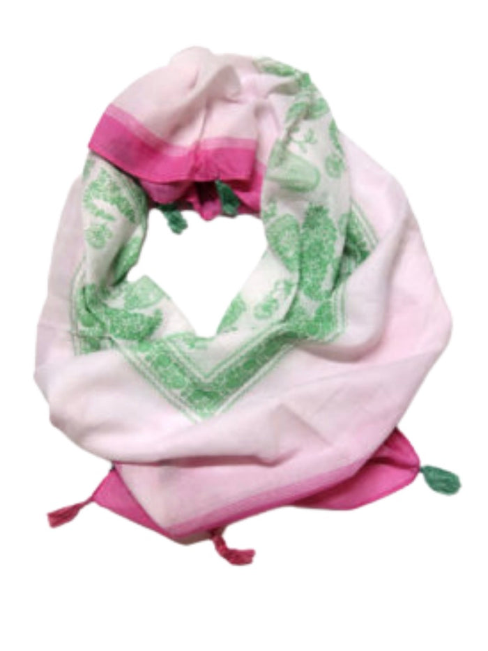 Cotton Square Scarf With Tassels - Pink/Green
