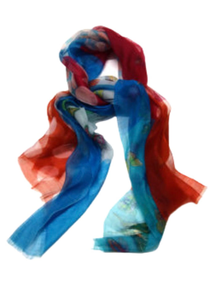 Silk Wool Mix Scarf - Teal/Red Butterfly
