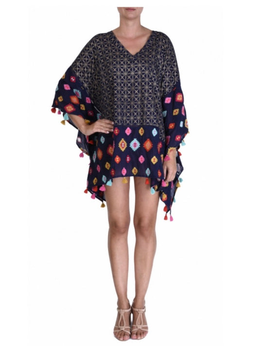 Palme Cotton Embroidered Kaftan - Dark Blue